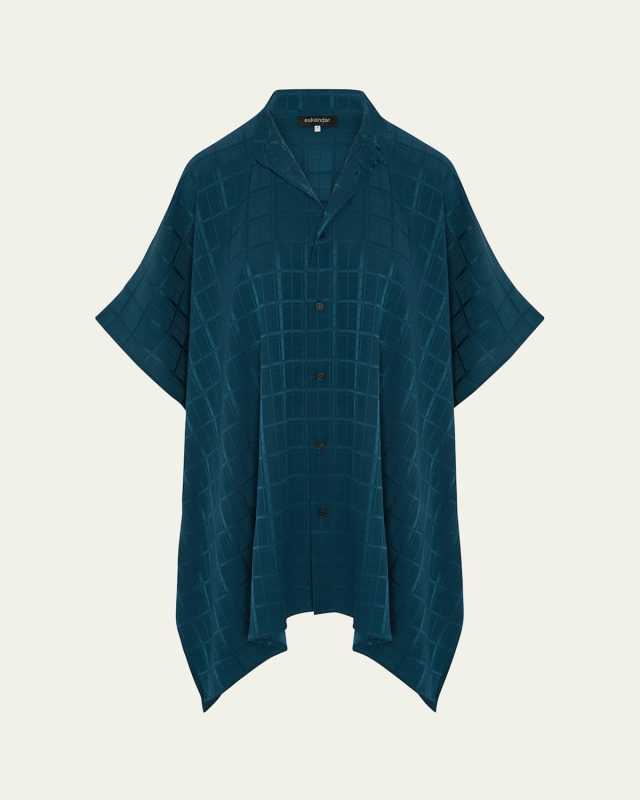 Satin Box Check Jacquard Collarless Longer-Back Kaftan Shirt (Long Plus Length)